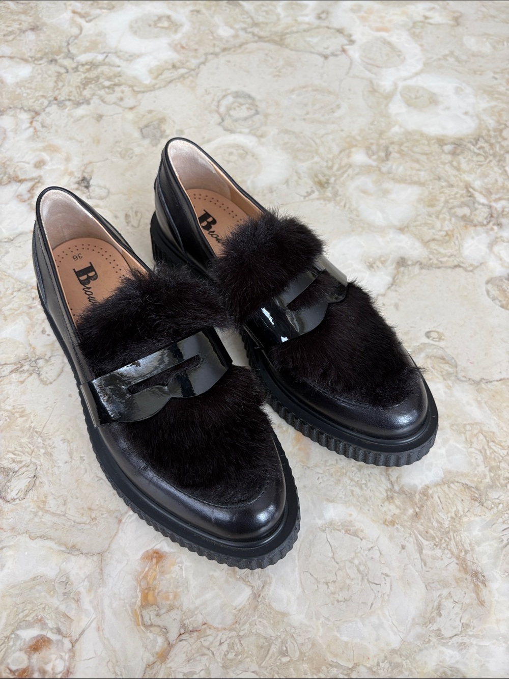 Browns Couture Made in Italy Black Fur Leather Chunky Loafers – EU 35